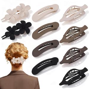 Slevaty 12 Pcs Flat Hair Clips for Women, 3 Styles Matte Flower Hair Clips and Flat Clips, Big and Small Neutral Colors Non-slip Flat Claw Clips Thin Thick Curly Straight Hair Accessories