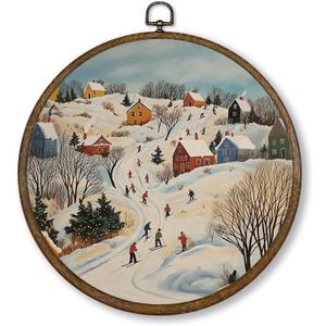Qskjre Vintage Winter Town Ski Scene Wall Art Decor, Village Christmas Round Wood Framed Canvas Wall Artwork, Farmhouse Hanging Prints for Ski Lodge Bedroom Gallery Decorations, 10x10inch