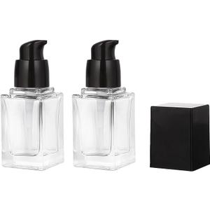 2Pcs 15ml/0.5oz Transparent Glass Square Liquid Foundation Bottles with Black Press Pump Empty Refillable Travel Dispenser Samples Vials Containers for Lotion Cream Cosmetic