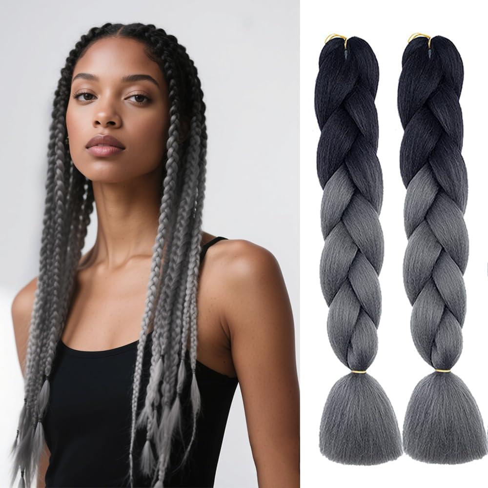 6 Packs Ombre Jumbo Braiding Hair Extensions 24 Inch High Temperature Synthetic Fiber Hair Extensions for Box Braids Braiding Hair (Black to Deep Gray)
