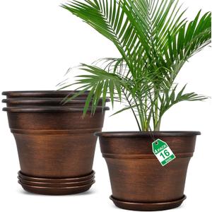 Plant Planters Pots Set of 4 Pack 16 InchLarge Plastic Flower Pot For Indoor Plants With Drainage Holes & Trays, Resin Decorative Container Sets With Saucer For House Outdoor Garden Plant Copper