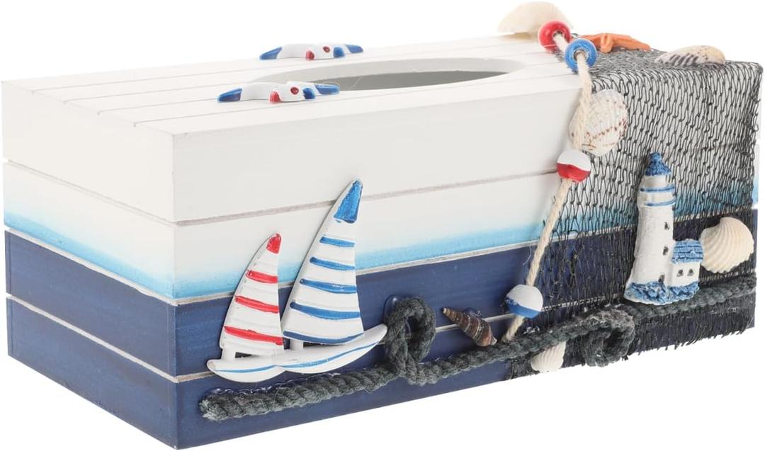 Beach Tissue Box - Wooden Tissue Box Cover, Napkin Holder Box for Table, Rectangle Paper Towel Storage Case Household Decorations Ornaments (9.45" L x 4.72" W x 3.94" H)