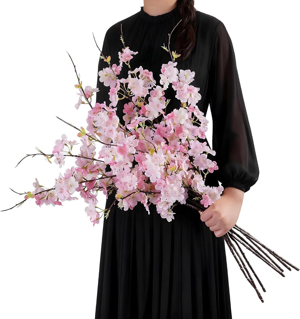 Artificial Cherry Blossom Branches 27.6In Silk Cherry Blossom Branches Long Stem Artificial Flowers for Tall Vase, for Home Decor, Weddings Decor, Parties & Festival Gifts 8PCS Pinkish White