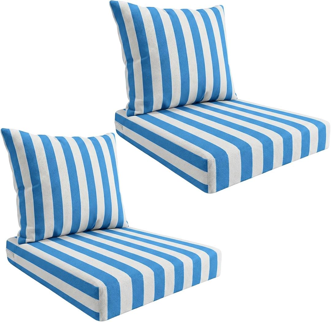 Outdoor Deep Seat Cushion Set, Weatherproof and Fade-Resistant Patio Chair Cushions, 24x24x4 in, 2-Piece Set, with Non-Slip and Outdoor Cushions, Suitable Chairs and loveseats (Blue and White Stripes)