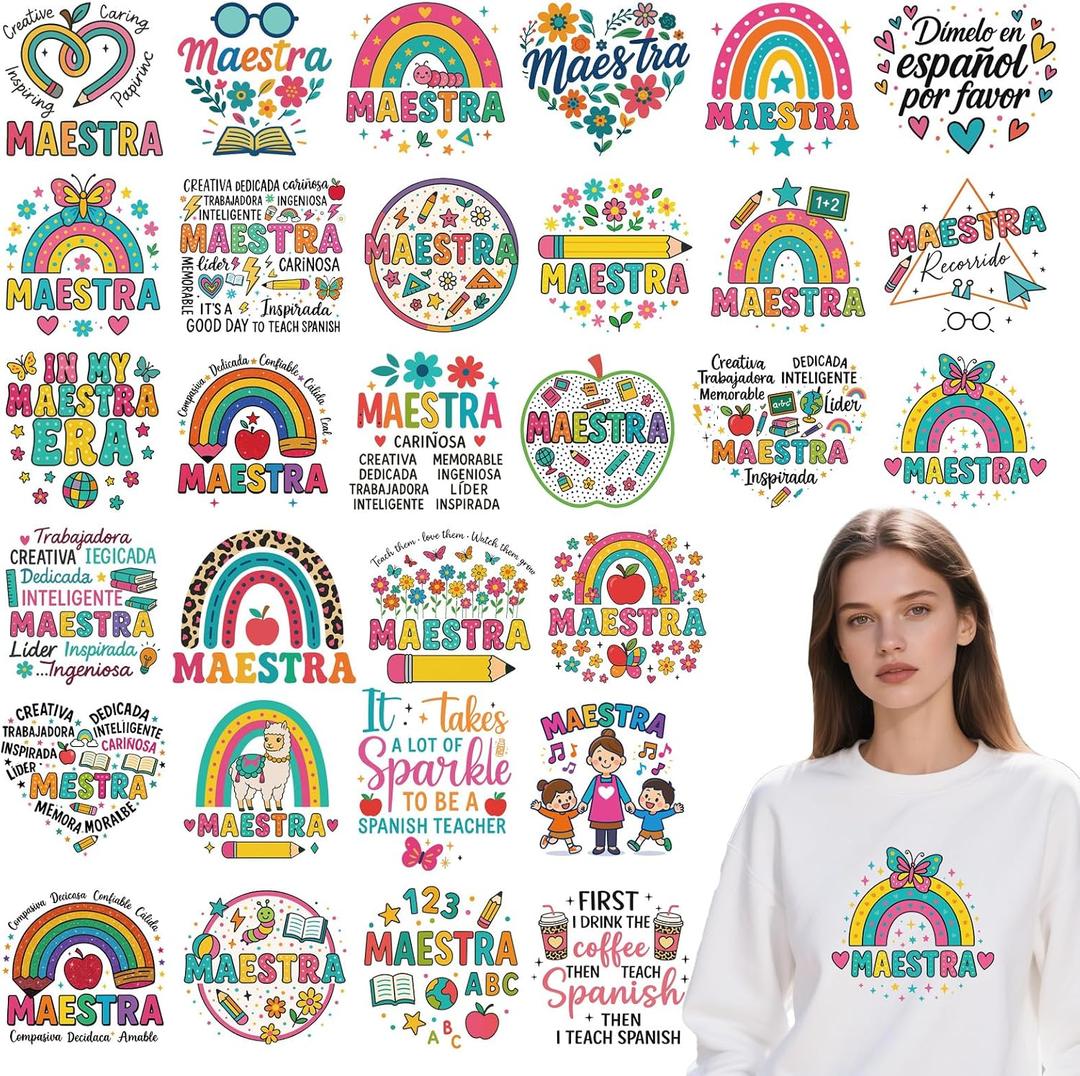 Spanish Teachers' Day Iron on Transfers - 30Pcs Falueqg Dtf Transfers Ready to Press, Espaol Maestra Iron on Decals Patches, Heat Sublimation Stickers for DIY Spanish Bilingual Teacher Gifts Tshirts
