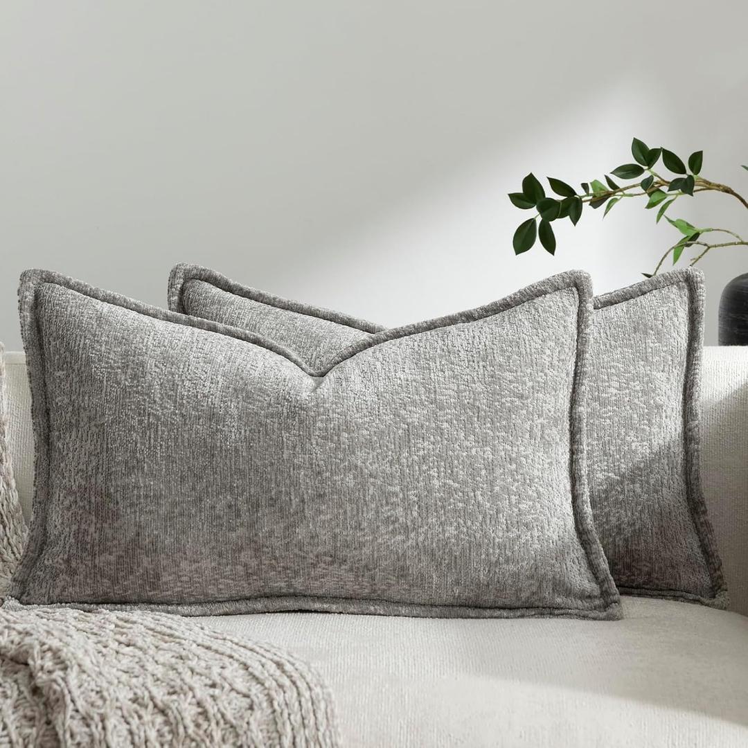 Pack of 2 Light Gray Decorative Throw Pillow Covers 12x20 Cozy Soft Chenille Accent Vintage Rectangular Lumbar Couch Pillow Covers for Home Decor Bed Sofa Living Room