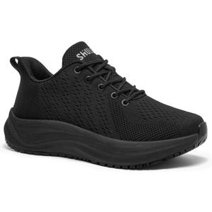Women's Non Slip Work Shoes Slip Resistant Nurse Sneakers with Arch Fit Support Comfortable Mesh Walking Shoes for Food Service Chef Kitchen Restaurant Black, Size Us 10