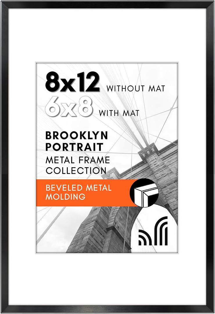 Americanflat 8x12 Metal Picture Frame with Tempered Glass - Use as 6x8 Frame with Mat or Display 8x12 Photo Without Mat - Brooklyn Collection - Picture Frames for Tabletop or Wall - Black