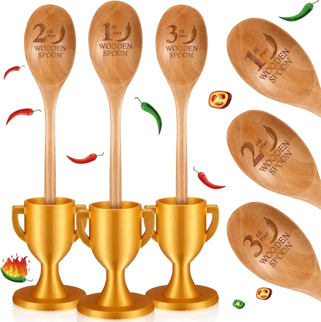 3 Pcs Chili Cook Off Trophies Wood Spoon Award Decorations Cooking Trophy for Chili Cook Off Gift 1st, 2nd, 3rd for Cooking Gift Baking