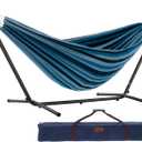 Vivere Double Cotton Hammock with Space Saving Steel Stand, Upgraded Polyester End Strings 450 lb Capacity - Premium Carry Bag Included - USA Grown Cotton (Blue Lagoon)
