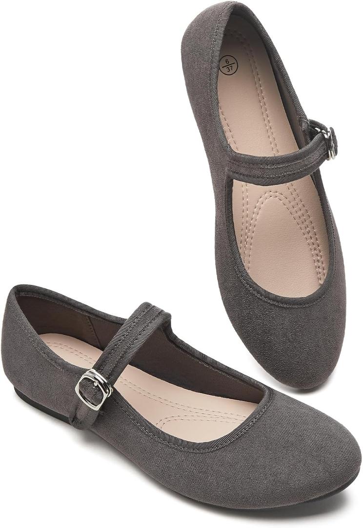 BABUDOG Womens Mary Jane Flats with Strap,Faux Suede Black Flats Shoes,Flats Shoes Women Dressy Comfortable (11, Grey)