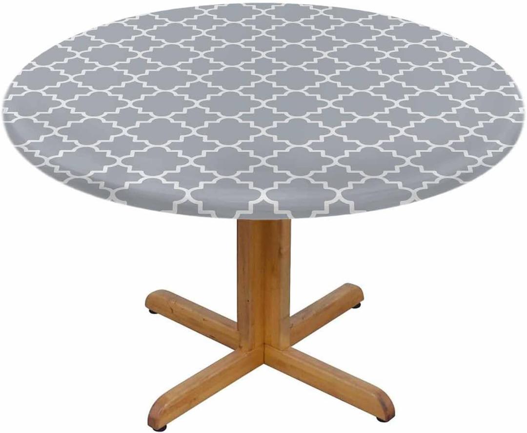 Grey Geometric Round Tablecloth Traditional Quatrefoil Lattice Waterproof Oil-Proof Table Cloth for Indoor Dining, Outdoor Picnic Parties, Camping,Fits for Table 40-44" Inches