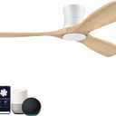 52 Smart Wood Flush Mount Ceiling Fans with Lights and Remote,Quiet DC Motor,Outdoor Indoor Ultra Low Profile Ceiling Fan works with Alexa WIFI APP,Modern White Ceiling Fan for Bedroom Patio, 52"-Voice+App+Remote Control