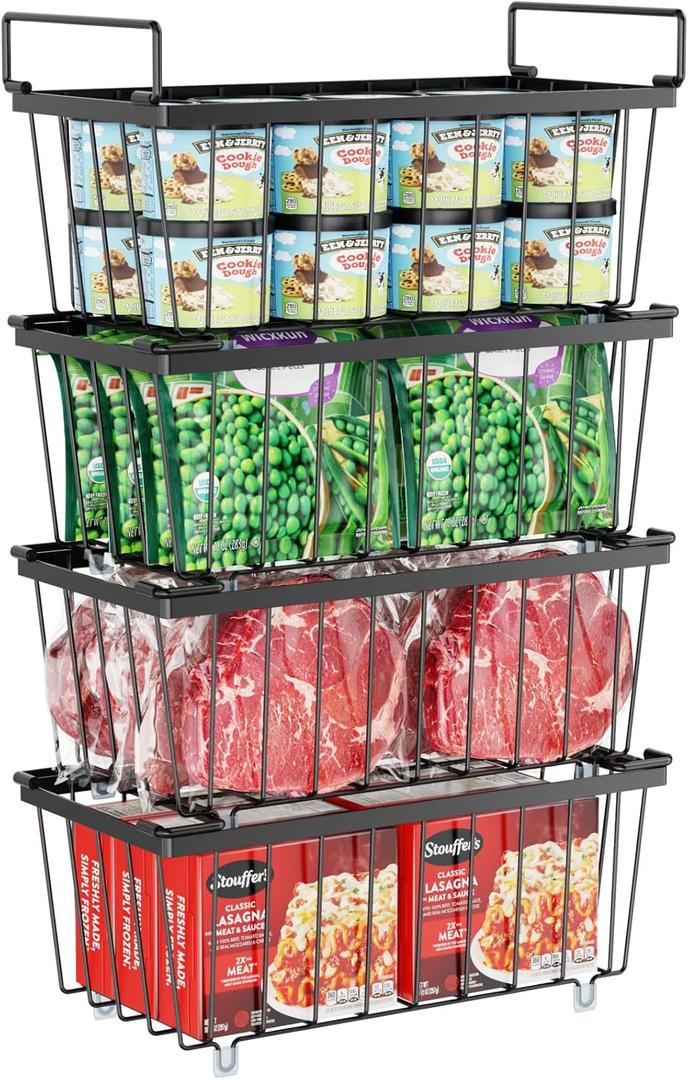 iSPECLE Chest Freezer Organizer Bins - 4 Pack Small Stackable Freezer Organizer Bins for 5 to 7 Cu.FT Small Deep Freezer (14.7"L X 7.1"W X 6.1"H) Easy to Get Food from Bottom without Digging, Black