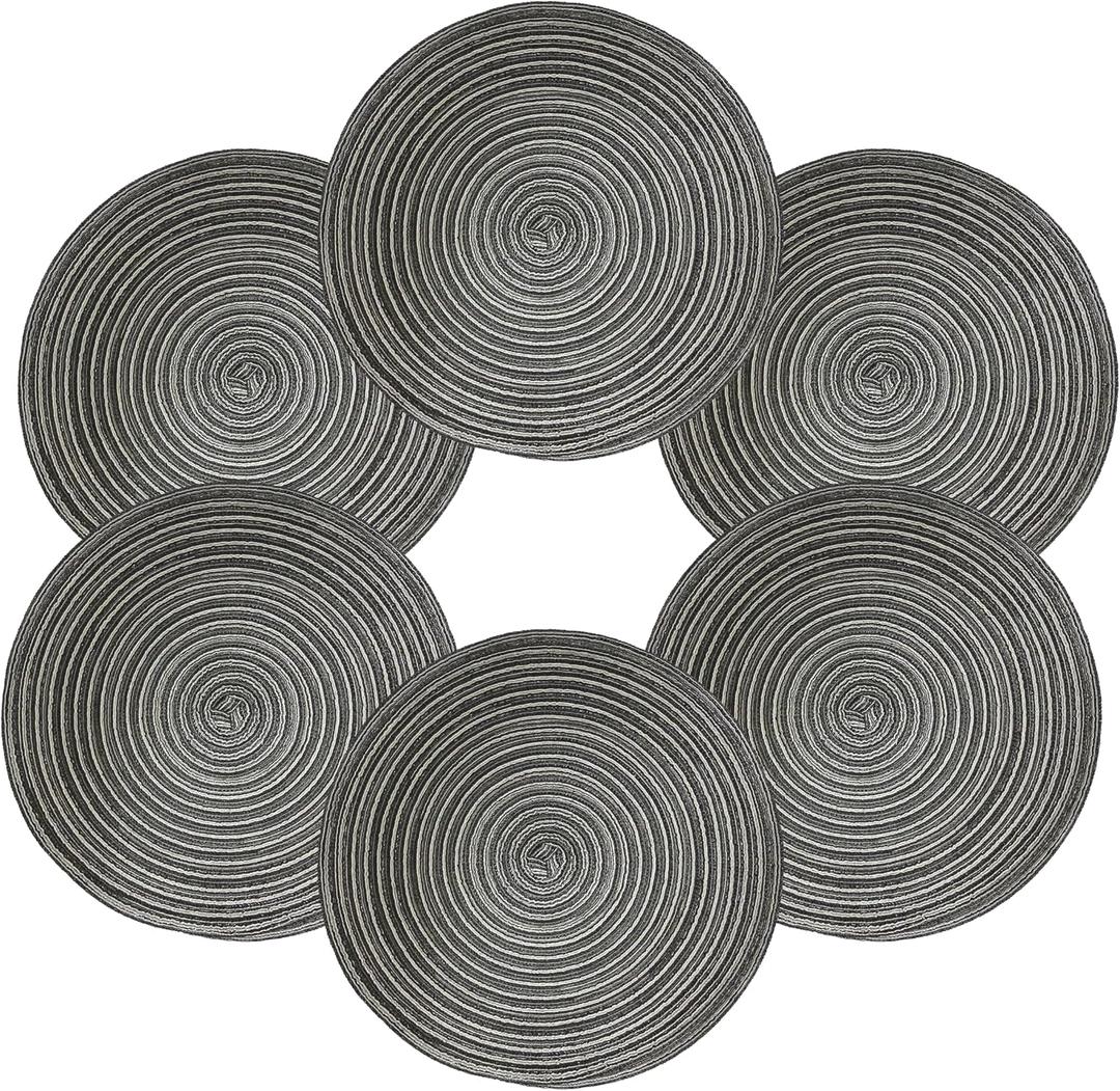 Round Braided Placemats Set of 6 Washable Round Placemats for Kitchen Dining Table 15 inch Woven Fabric Table Mats(Dark Grey)