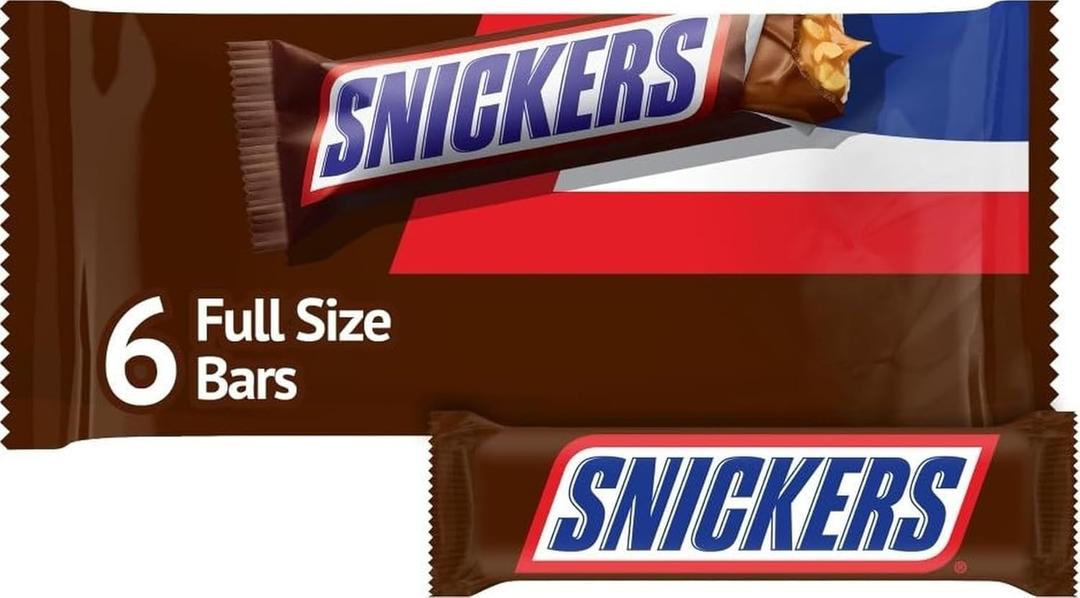 SNICKERS Full Size Milk Chocolate Candy Bars, 11.16oz bag, 6 Bars per bag | Peanuts, caramel and nougat in milk chocolate, satisfying on the go, on road trips or at the desk, party favors (EXP 08/01/26)