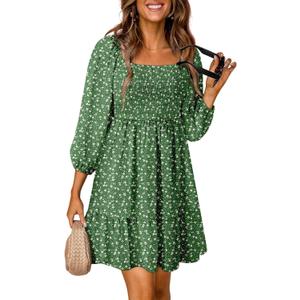 Dokotoo Fall Dresses for Women 2025 Boho Floral Square Neck Smocked 3/4 Sleeve Casual A-Line Swing Mini Dress Sundress (XL)
