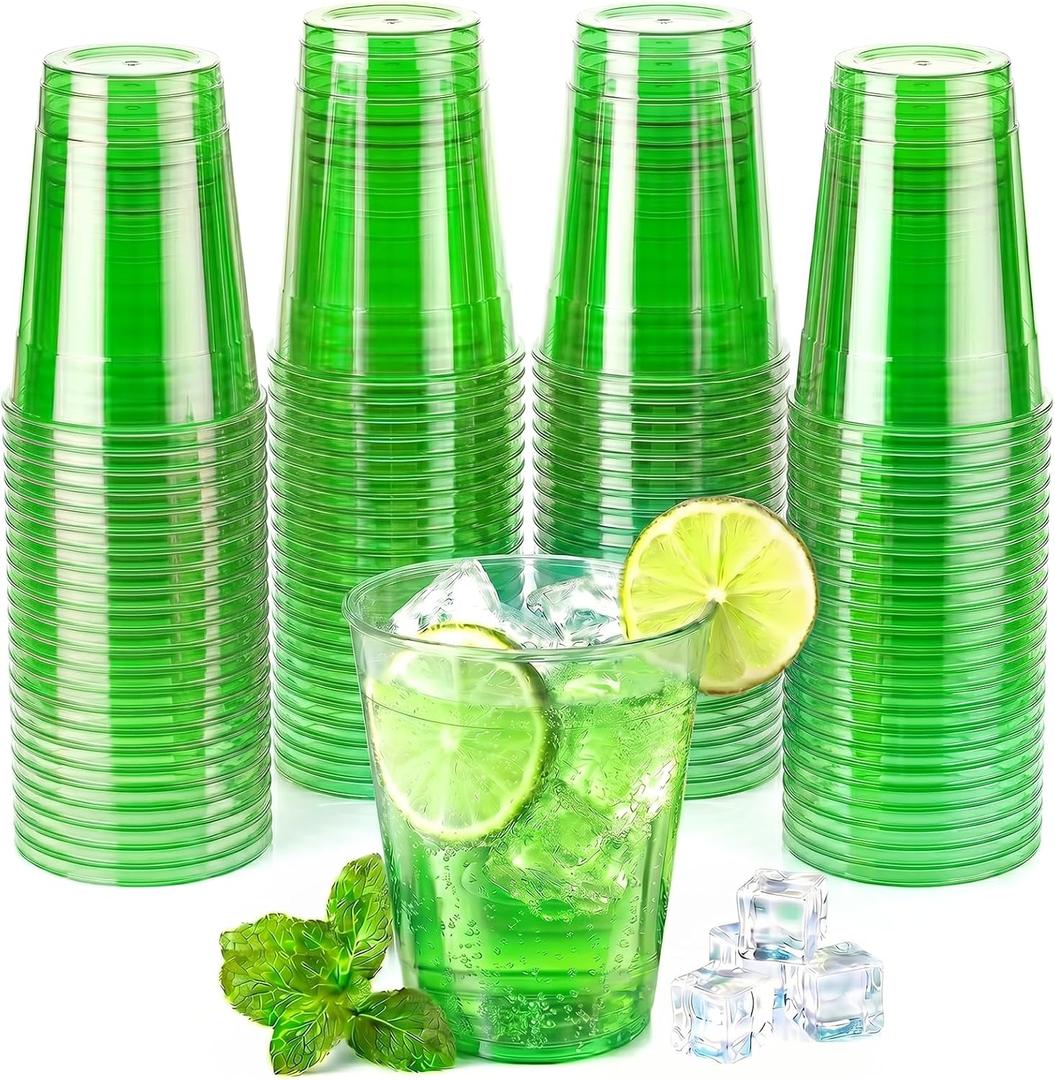 100 Pack 16 oz Green Plastic Cups, Green Party Cups, Clear Disposable Wine Glasses for St. Patrick's Day, Birthdays, Picnics, Carnivals & Party Events