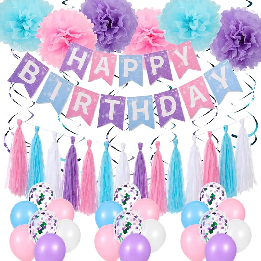 Yinder Pink Spider Birthday Party Decorations Pack Include 6 Paper Pom Poms 1 Spiderweb Happy Birthday Garland Banner 30 Balloons 1 Hanging Tassel Hero Decorations for Women Party Decors