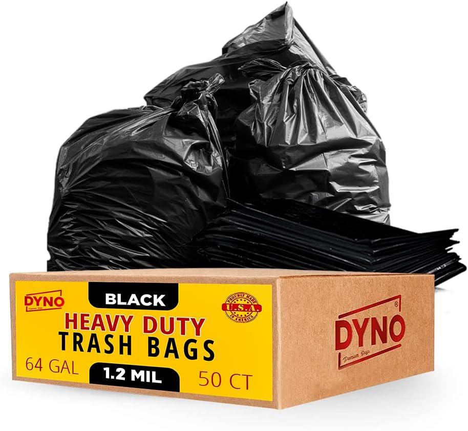 Dyno Products Online 64-Gallon, 1.2 Mil Thick Heavy-Duty Black Trash Bags - 50 Count Extra Large Plastic Garbage Liners Fit Huge Cans for Home Garden Lawn Yard Recycling Construction & Commercial Use