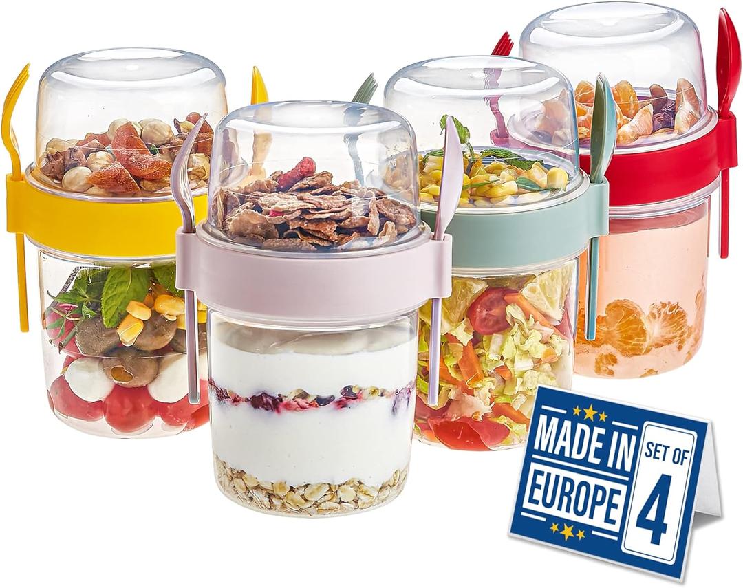 Crystalia 4 Pack 22 oz On The Go Yogurt Parfait Cups with Lids & Spoon, Large Breakfast Plastic Bowls with Topping Cereal Oatmeal Salad or Fruit Container for Snack Box (Clear)