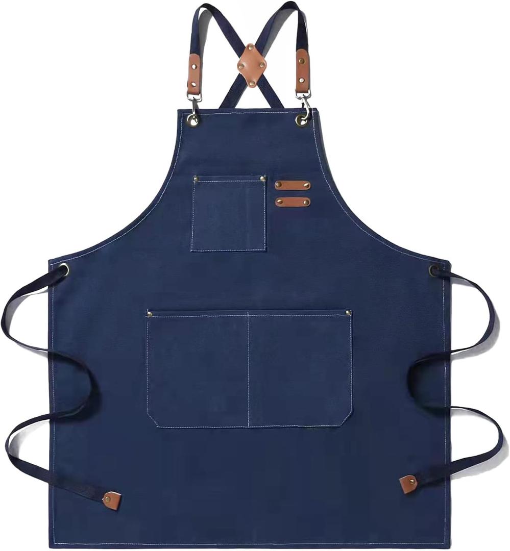 Tosewever Canvas Cross Back Chef Cotton Aprons for Men Women with Large Pockets (Blue)