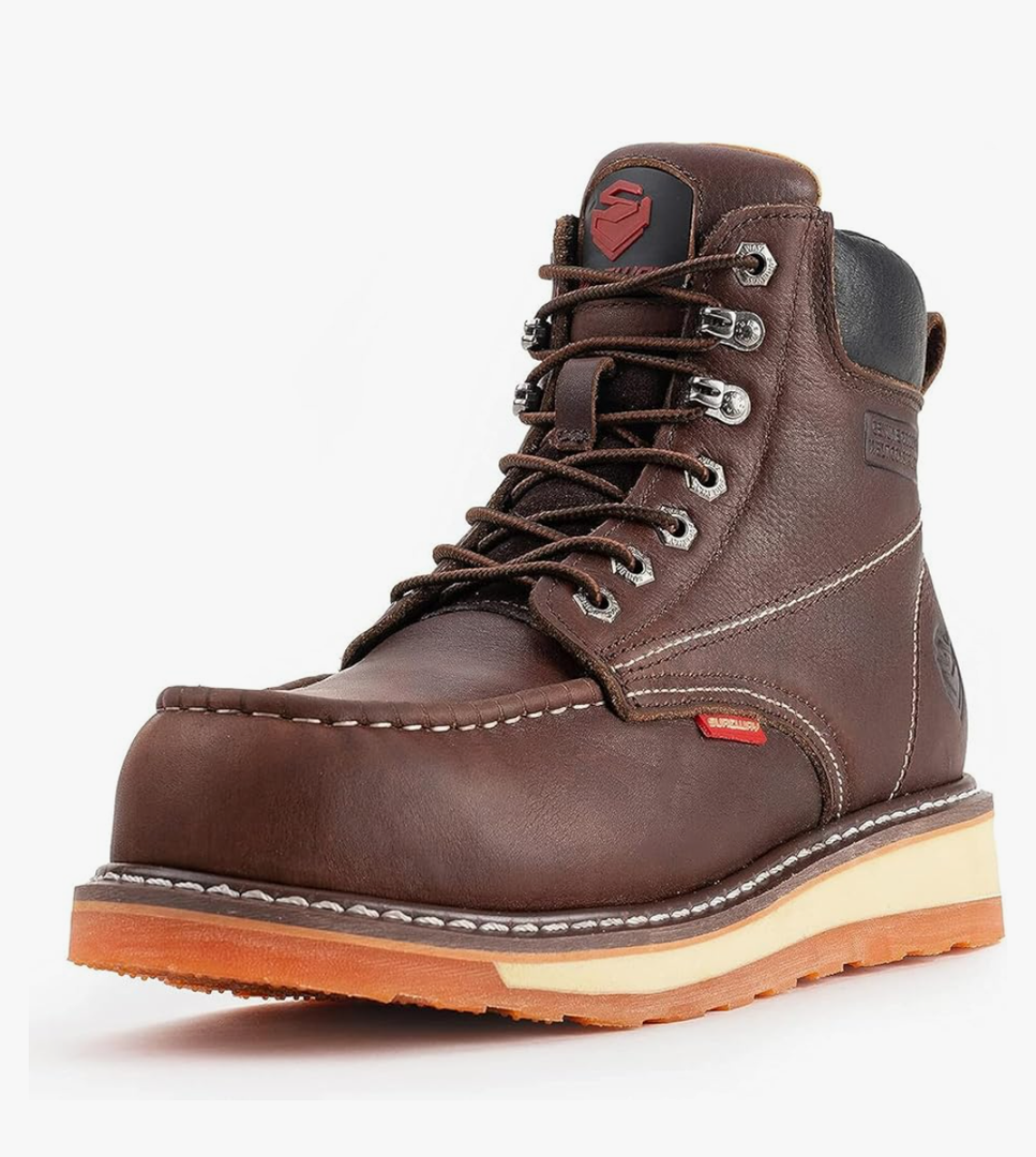 SUREWAY Mens Heavy Duty Soft/Composite/Steel Toe Work Boots for Men-Comfortable,Goodyear Welt,Full Grain Leather,6 in Wedge Moc Toe Construction Boots/Shoes 7.5