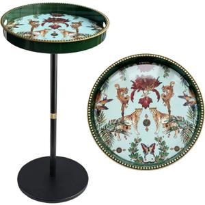 Gesodant Boho Single Leg Round Side Table with Tray Top, Pedestal Drink Table for Small Spaces, Aesthetic Accent Nightstand for Living Room, Bedroom, Corners, and Office (Green Leopard)