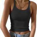 Artfish Women's Sleeveless Tank Top Form Fitting Scoop Neck Ribbed Knit Basic Cami Shirts (Large, 01#short Black)