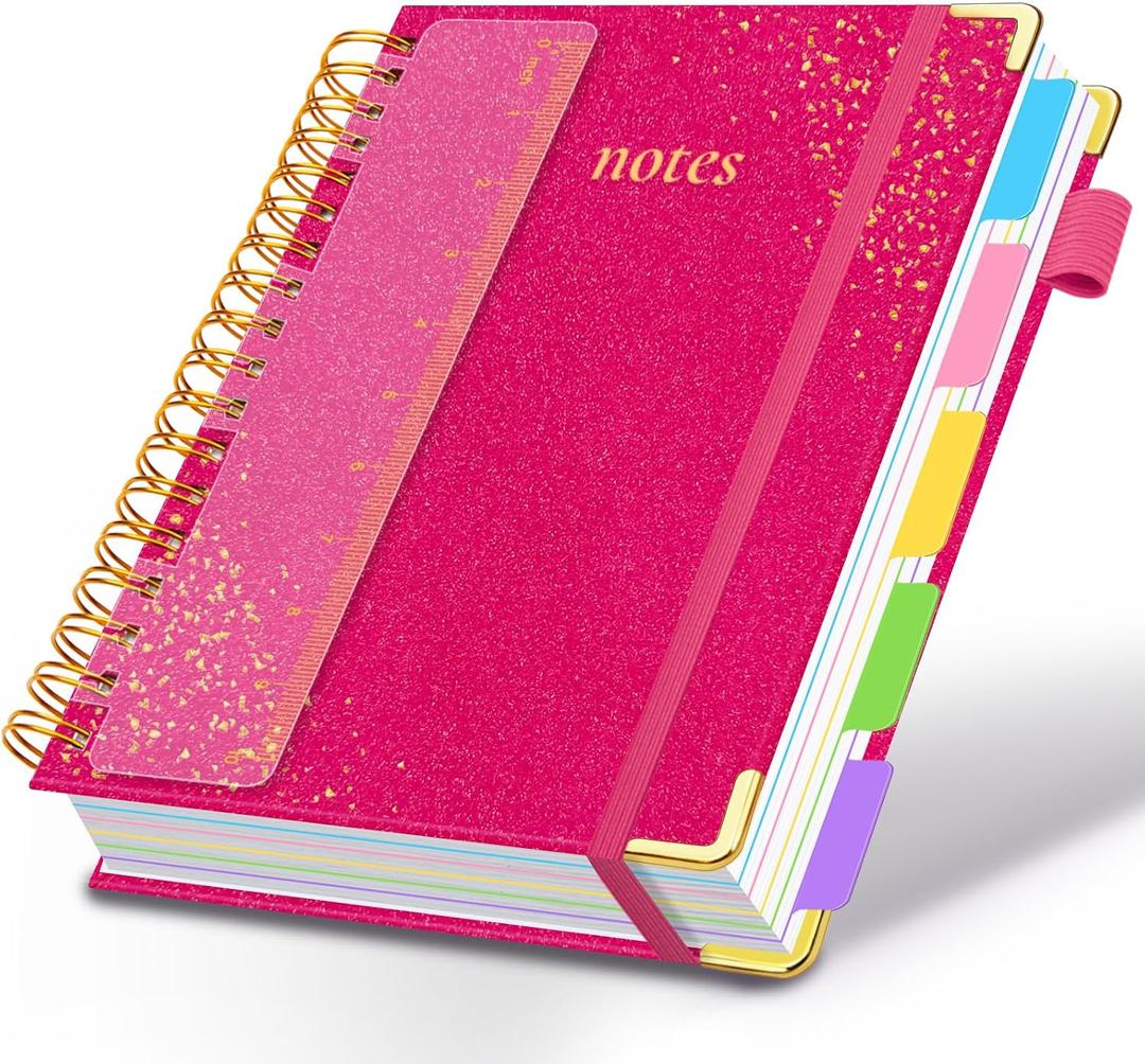 Hardcover Spiral Notebook with Removable Dividers & Tabs, 8.5"x11" 5 Subject Notebooks for Work, 300 Pages College Ruled Notebook, A4 Sparkle Lined Journal for Women Girls Note-Taking (Rose Red)
