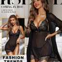 RSLOVE Women Sexy Lingerie Set 3 Piece Babydoll & Lace Kimono Robe Strap Chemise Sleepwear Mesh Nightgown (Black, XXXL)