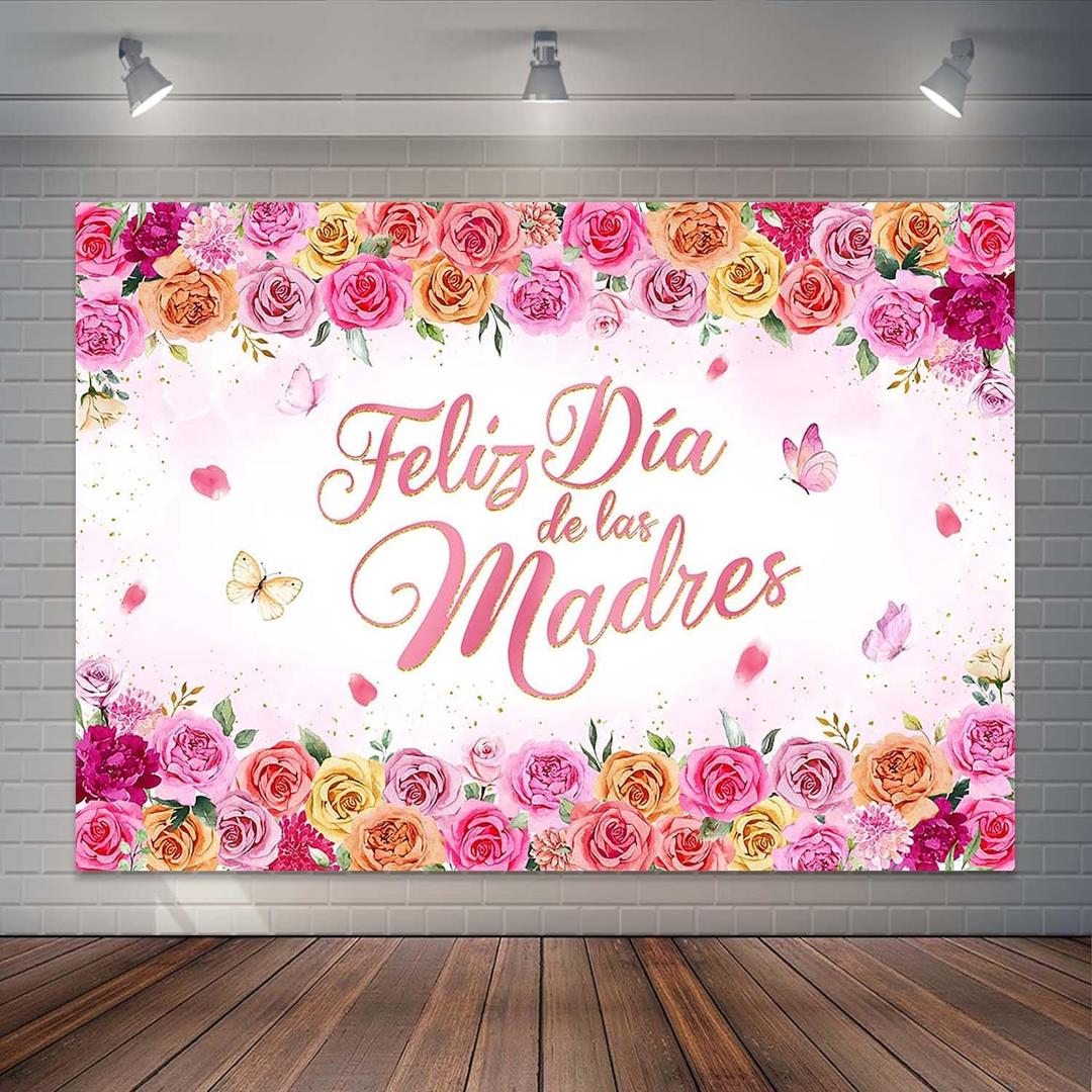 Feliz Dia De Las Madres Backdrop Hot Pink Floral Spanish Mother's Day Party Decorations Happy Mother's Day Photography Background Cake Table Banner (7x5ft)