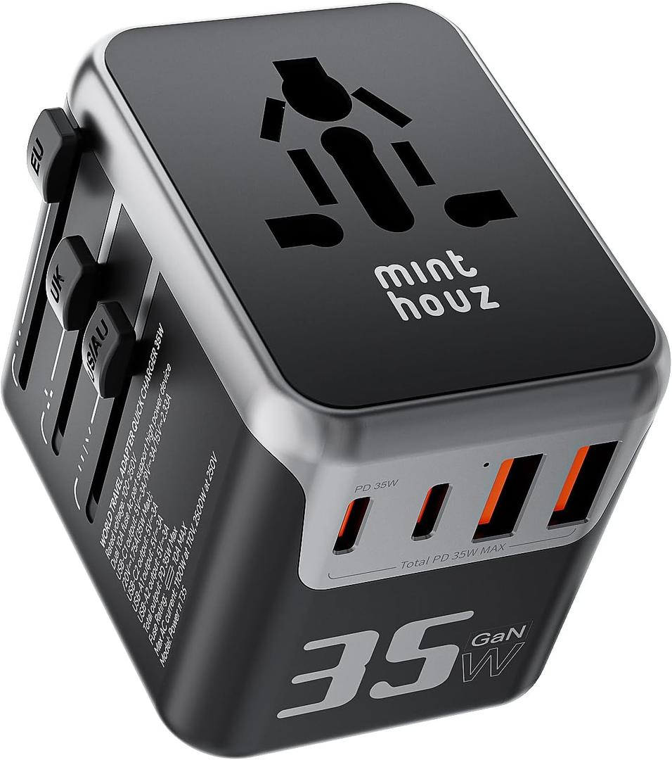 Minthouz Universal Travel Adapter, International 35W Power Adapter GaN PD Fast Charger with 2 USBC PD & 2 USBA Ports, AllinOne Portable AC Worldwide Power Converter Plug for USA EU UK AUS and More