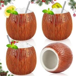LINALL Ceramic Coconut Shape Mug For Gifts Cups And Mugs Collections New Year Decoration Tiki Mug (520ml/17oz) (4 pack)