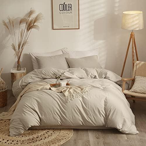 AMWAN Modern Style Beige Duvet Cover King Size Boho Comforter Cover 100% Washed Cotton Bedding Set Soft Cotton Bedding Cover Luxury Light Tan Duvet Cover with Zipper Closure