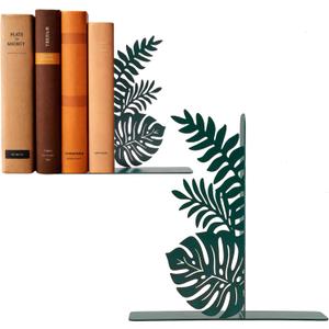 Green Leaf Metal Bookends, Cute Unique Botanical Plant Decorative Book Ends for Bookshelf Office Living Room Reading Room Kitchen Guest Room, Nature Tropical Jungle Hawaii Home Decor