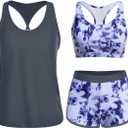 Yonique 3 Piece Athletic Tankini Swimsuits for Women with Shorts Swim Tank Tops with Sports Bra and Boyshorts Bathing Suits (Large, Blue Tie Dye)