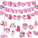 Disco Cowgirl Birthday Party Decorations, Pre-strung Happy Birthday Banners and 12 Hanging Swirls, Western Disco Theme Party Supplies for Girls, Teens, or Adults (Pink)