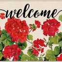 Doormat Welcome Spring Geranium Red Floral Flowers Funny Floor Mat Rug Non-Slip Entrance Indoor Outdoor Bathmat Kitchen Home Rugs Rubber 30 x 18 in