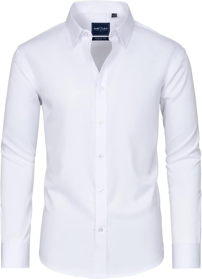 Alimens & Gentle Slim Fit Mens Dress Shirts Long Sleeve Dress Shirts for Men Stain Sheild Button Down Shirt Men Big (X-Large, All White)