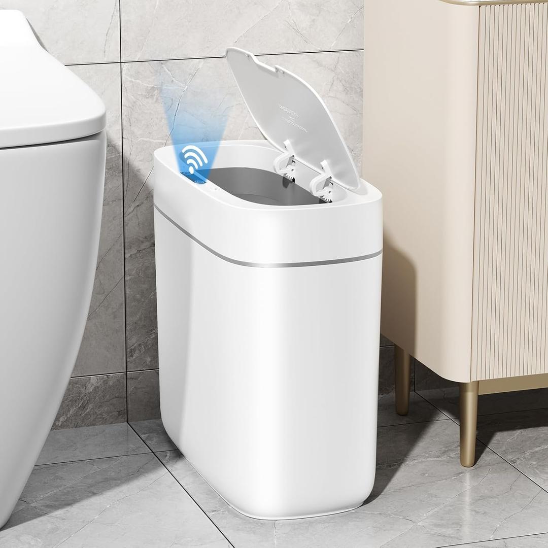 JUDRDO Small Trash Can for Bathroom, 3.5 Gallon Automatic Touchless Trash Can with Lid, Motion Sensor Slim Garbage Can Waterproof Trash Bin Waste Basket for Bedroom, Kitchen (White)
