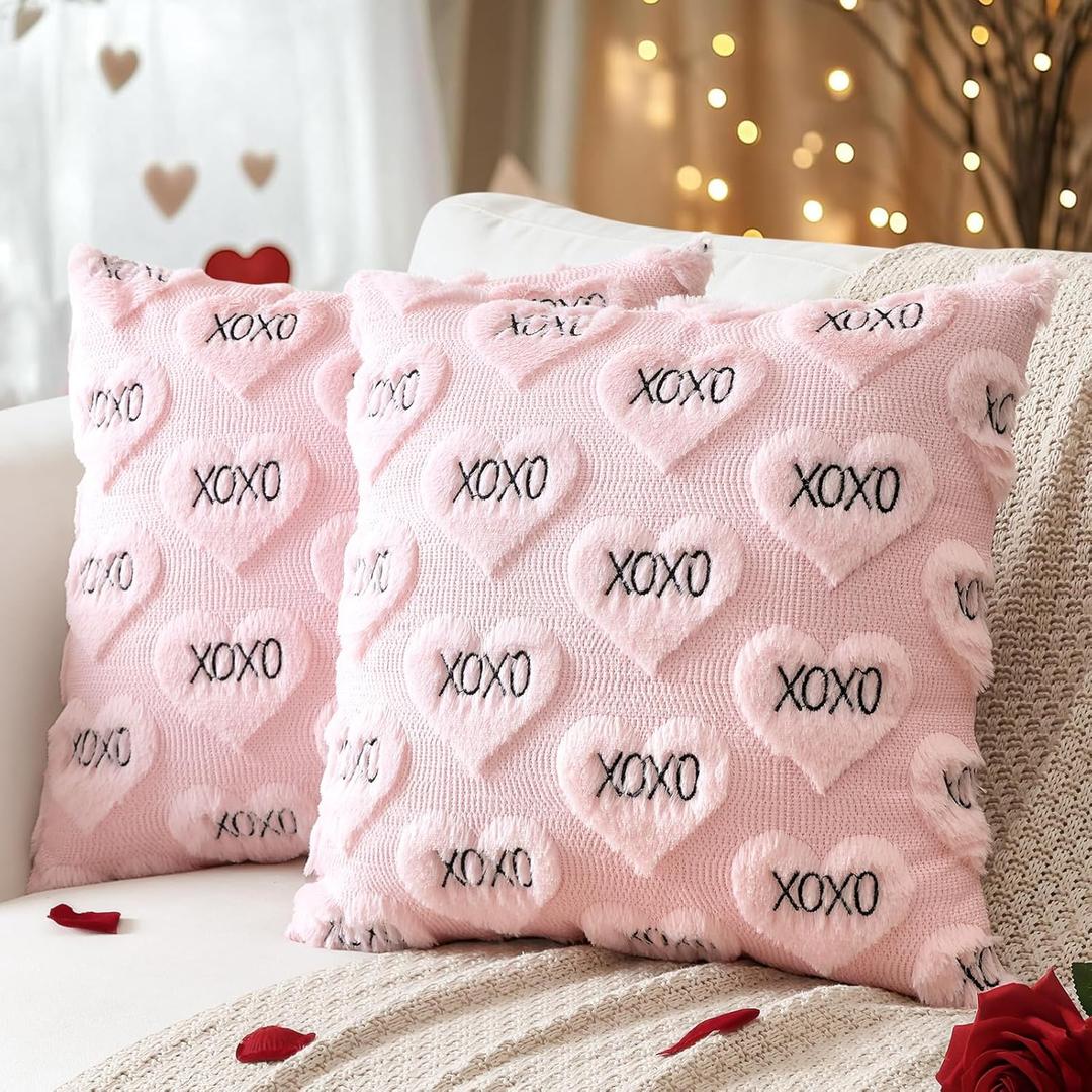 Artscope Valentines Pillow Covers 16x16 Set of 2 Decorative Love Heart XOXO Valentine's Day Throw Pillow Cases Soft Plush Faux Fur Couch Cushion Case for Holiday Sofa Bed Room Home Decor-Pink XOXO