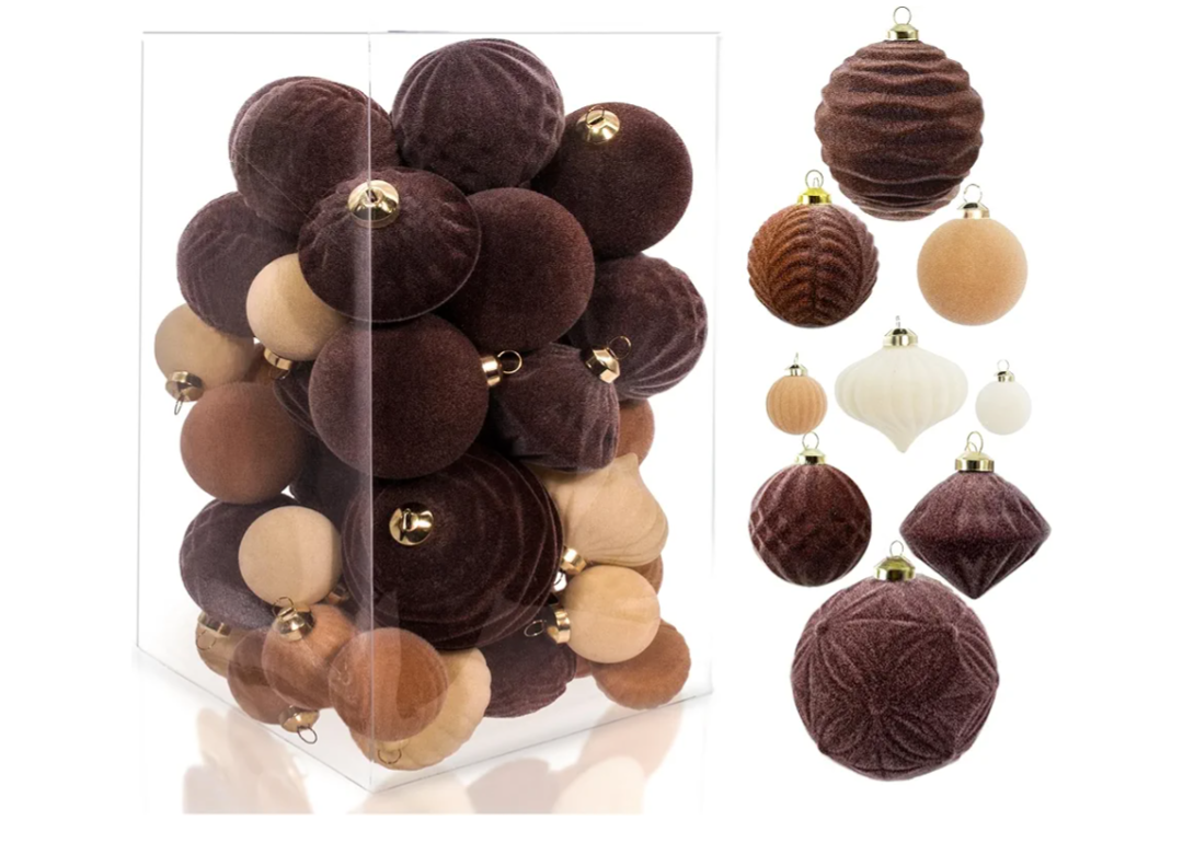 42PCS Velvet Christmas Ball Ornaments, Flocked Vintage Rustic Farmhouse Baubles in Assorted Sizes for Xmas Tree Decorations, Hanging Ornaments for Home, Party & Wedding Décor (Brown, Beige, White)