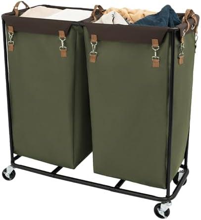 StorageWorks 390L Extra Large Lanudry Hamper with Wheels, 2 Sections Laundry Basket with Wheels, Clothes Sorter Cart with Divider for Hotel, Home, Green, 37.75"L x 17"W x 37.5"H