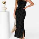 MEROKEETY Women's 2026 Summer Floral Strapless Dress Bodycon Tube Slit Mesh Wedding Guest Cocktail Party Maxi Dresses (Black, S)