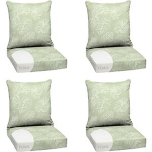 Arden Outdoor Foam Deep Seat Cushion Set (4-Pack), 24x24, Premium High-Density Foam, Never Flattens, Weather-Proof for Patio Chair Sofa Couch, Coastal Green Leaf