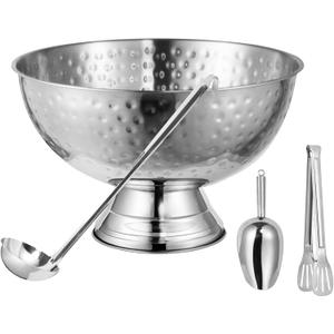Hammered 3-Gallon 12L Punch Bowl with Ladle, Champagne Bucket for Celebrations, Large Size Ice Bucket for Parties, Cocktail Bar Set with Scoop and Tongs, 18/8 Stainless Steel, Food Safe
