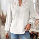 Falechay Womens Tops Swiss Dot Boho Long Sleeve Shirts V Neck Casual Chiffon Blouses Flowy Lace Hem Cute Clothing Trendy 2026 (White, XS)