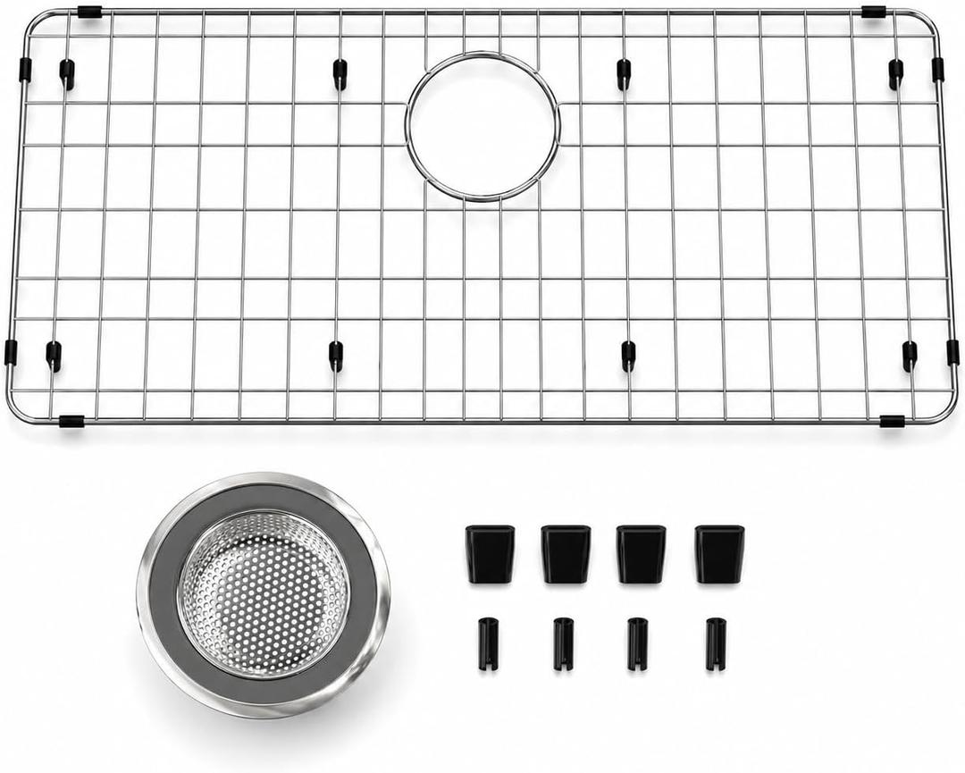iPEGTOP Sink Protector Grid 28-7/8" x 14-3/8", Stainless Steel Sink Grids for Bottom of Kitchen Sinks Rear Drain Hole, Sink Grate with Hole Cover for Kitchen Sink Single Sink Bowl, One-Piece