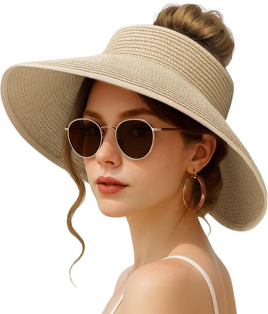 Sun Hats for Women Beach Hats Wide Brim Straw Sun Visors Ponytail Hat Summer Packable Foldable Travel